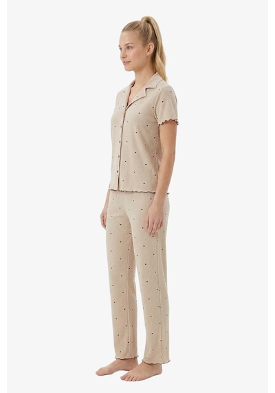 Cottonhill Vizon Kalp Desenli Pointel Gömlek Yaka Kadın Pijama Takımı
