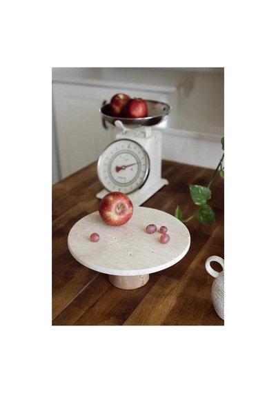 Akayev Traverten 25 Cm Ahşap Konik Ayaklı Yuvarlak Sunumluk