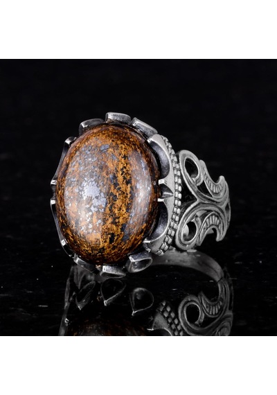 925 Ayar Katı Gümüş Erkek Yüzük - Doğal Taş Seçeneği İle El Yapımı Tasarım Bronzit Gümüş