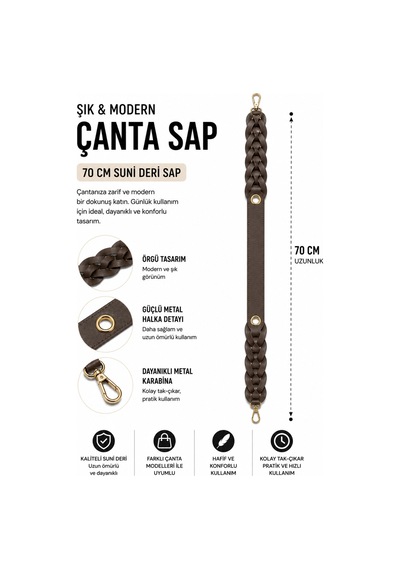 Vollen Yarn Suni Deri Örgü Çanta Sapı 70 Cm Metal Karabinalı Çanta Askısı Çanta Aksesuarı Acı Kahve