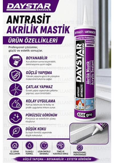 Daystar Antrasit Akrilik Mastik 450 Gr Boyanabilir Çatlak Ve Boşluk Dolgu Malzemesi Güçlü Yapışma Çok Renkli