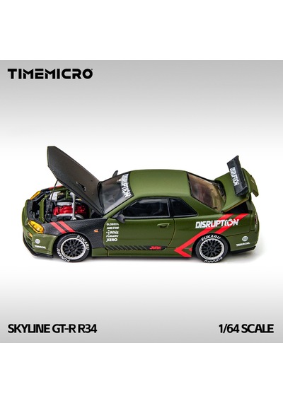 Timemicro 1:64 Nissan Skyline Gt-r R34 Matte Green Disruption Kaput Bagaj Açılır Tm646317 Yeşil