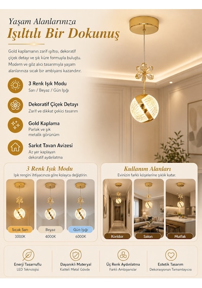Tekli Perla Gold 3 Renk Modlu Kristal Taşlı Ledli Sarkıt Avize Altın
