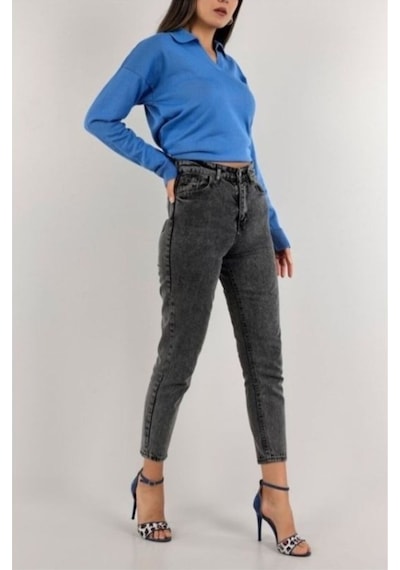 Trendy Kadın Füme Yüksek Bel Yumuşak Dokunuşlu Rahat Kesim Mom Jean Kot Pantolon