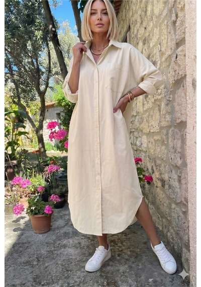 Yıldızistan Kadın Bol Kesim Uzun Kollu Poplin Cepli Oversize Uzun Günlük Spor Tunik Gömlek Elbise Taş 3555352