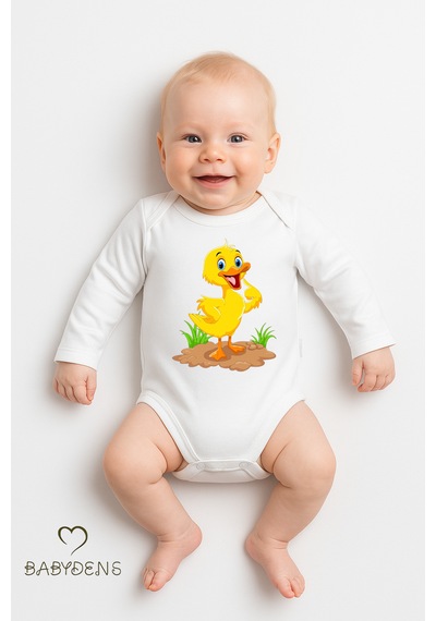 Babyden's Sevimli Hayvan Figürlü %100 Pamuk Uzun Kollu Çıtçıtlı Bebek Body Ördek Beyaz