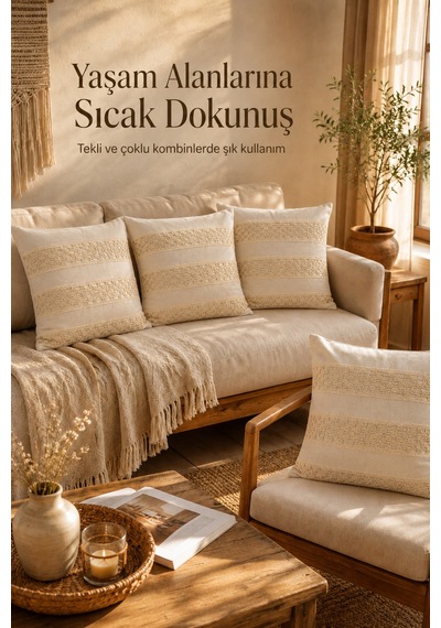 4'lü Naturel Keten Püsküllü Kırlent Kılıfı Seti Bohem Rustik Vintage Salon Dekoru Dekoratif 4 Adet K Bej