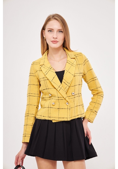 Armonika Kadın Hardal-siyah Kruvaze Yaka Tüvit Crop Ceket Arm-24k001014