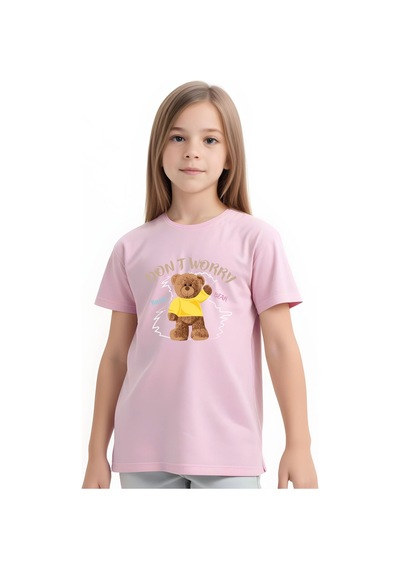 Panios Kids Worry Bear Baskılı Kız Çocuk Kısa Kollu T-shirt Açık Pembe
