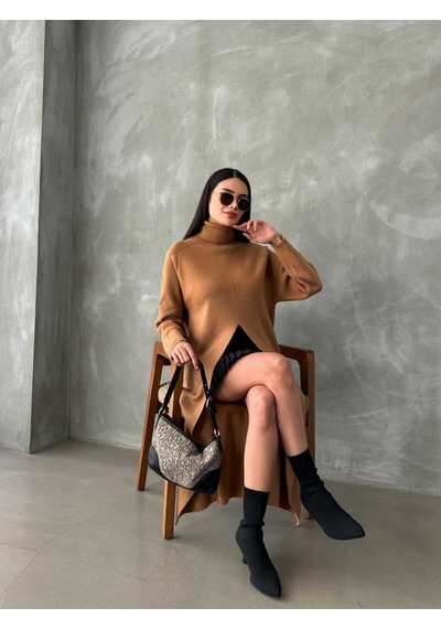 Anbly Collection Uzun Kollu Tam Balıkçı Yaka Önden Yırtmaçlı Triko Panço Elbise