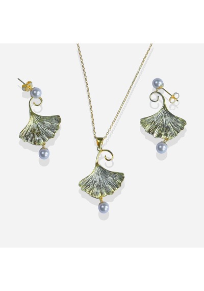 İstiridye İncili Sarkıt Gold Gümüş Set Gümüş