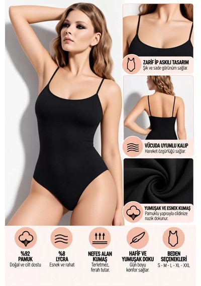 N11 Kadın İp Askılı Çıtçıtlı Body Siyah Esnek Ve Yumuşak Kumaş, Vücuda Uyumlu - Ryl - 2600