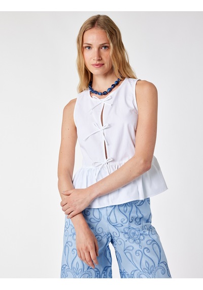 Koton Pamuklu Kolsuz Yuvarlak Yaka Peplum Kesim Fiyonklu Poplin Bluz Beyaz 6sak60245ew