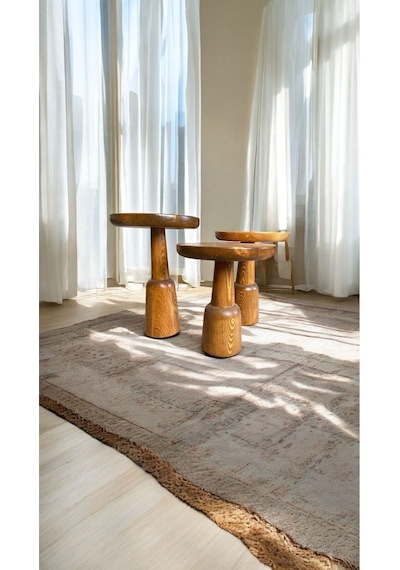 Wood Ahşap 3 Lü Set Mantar Yan Sehpa / Tik Ağacı Renk / Zigon Sehpa Tik Ağacı