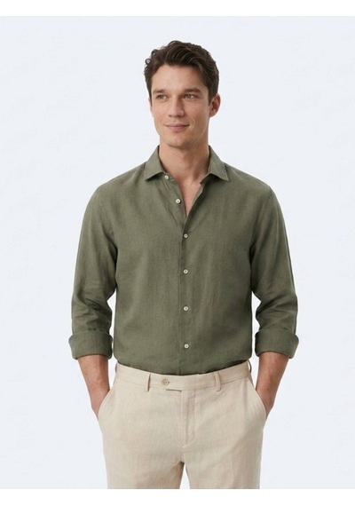 Kip Haki Regular Fit Uzun Dokuma Casual Pamuk Karışımlı Gömlek