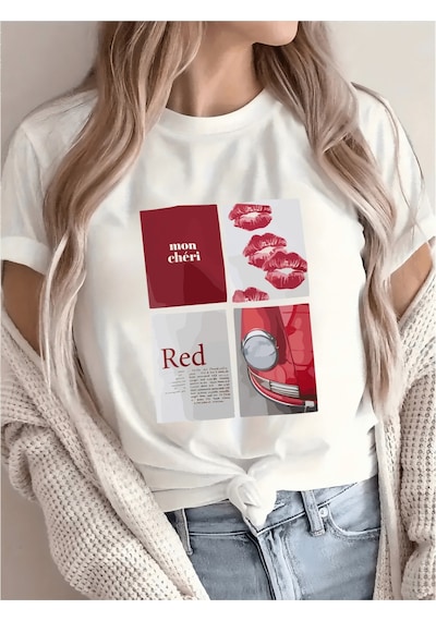 Uyguntarz Unisex Red Mon Cheri Baskılı Tasarım Tshirt Beyaz