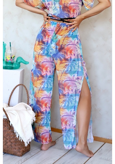 Plaj Pantalon Pareo Yazlık Kapalı Yırtmaçlı Lastikli Şifon Tül Kumaş S-M Yüksek Bel Coconut Renkli