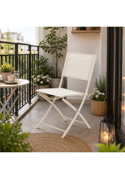 Katlanabilir Bahçe Ve Balkon Sandalyesi Krem Renk Çelik Gövdeli Metal Katlanır Dış Mekan Sandalyesi 84,5x50x46,5 Cm