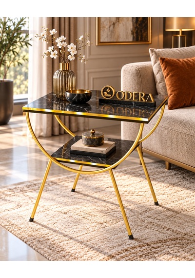Odera Bendir Siyah Mermer Desenli Çift Raflı Yan Sehpa Komodin Metal Ayaklı Retro Modern Sehpa Diğer
