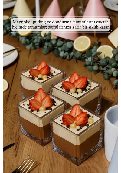 6'lı Kare Cam Magnolya Kasesi Seti Puding Cup Dondurma Servis Sunum Magnolia Kase Takımı Şeffaf