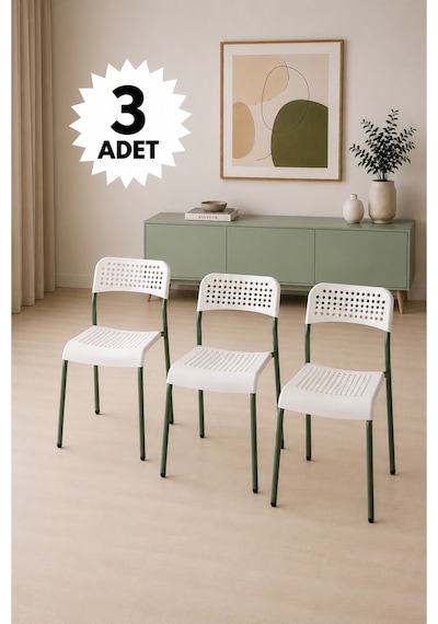 Mira Beyaz/ Yeşil Sandalye Plastik Gövdeli Metal Ayaklı, Mutfak Sandalyesi, Çalışma, Bahçe, Yemek Oda Beyaz/yeşil- 3 Adet