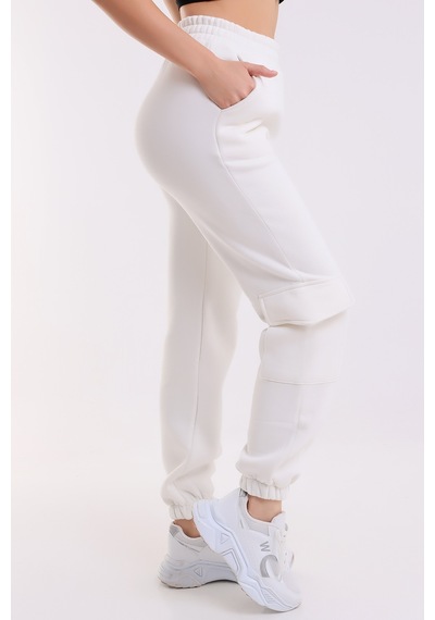 Winmoda34 Kadın Jogger Kalın 3 İplik Yandan Cepli Kargo Eşofman Altı Ekru