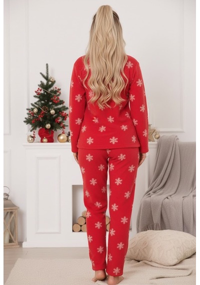 Siyah İnci Yılbaşı Temalı Nakışlı Kar Tanesi Desenli Polar Kışlık Örme Pijama Takım Kırmızı