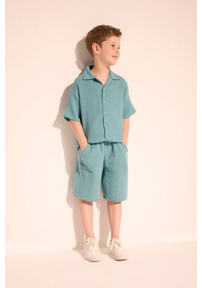 DeFacto Erkek Çocuk Oversize Geniş Kalıp Polo Yaka Müslin Kısa Kollu Gömlek W3239A625HSGN382