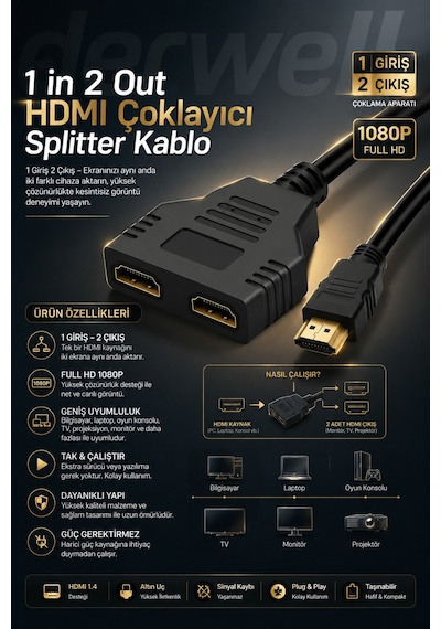 1 İn 2 Out Hdmı Çoklayıcı Splitter Kablo İki Çıkışlı Ekran Çoğaltıcı Adaptör Dönüştürücü Bilgisayar, Konsol, Tv, Projeksiyon Uyumlu Çift Monitör Bağlantı Kablosu 1 Giriş 2 Çıkış Çoklama Aparatı