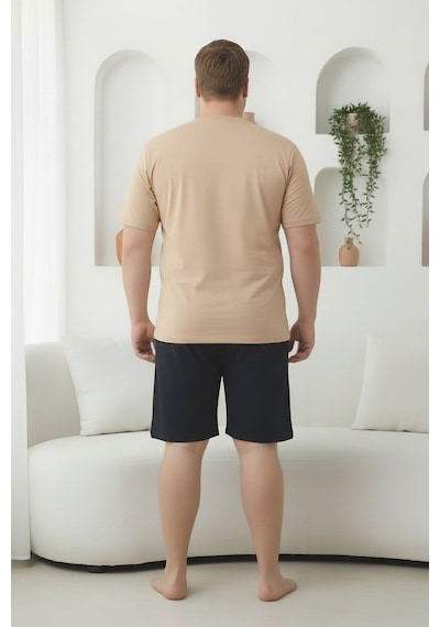 Seboteks %100 Pamuklu Kısa Kollu Cepli Büyük Beden Erkek Şortlu Pijama Takımı 2035 Bej