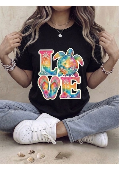 Tropikal Sahil Temalı Love Baskılı Kompak T-shirt Siyah