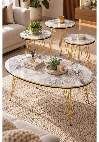 Sulorahome 4'lü Mermer Desenli Sehpa Seti Gold Metal Ayaklı Beyaz Mermer - Altın Sulorahome 4'lü Mermer Desenli Sehpa Seti Gold Metal Ayaklı Beyaz Mermer - Altın
