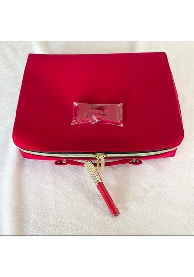 Estee Lauder Kırmızı Kadife Kozmetik Makyaj Çantası Büyük Boy Vintage Kırmızı