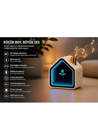 Aura Bluetooth Hoparlör Infinity Ayna Led Işıklı Tws Çift Eşleştirme Bluetooth 6.0 2000mah Şarjlı Taşınabilir Hoparlör Ry-neo1