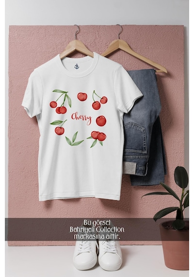 Oversize Cherry Kiraz Double Tasarımlı Unisex T-shirt Beyaz
