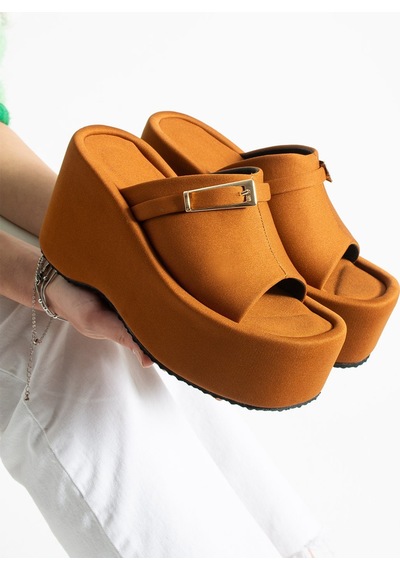 Dabab Shoes Lunara Kadın Taba 10 Cm Platform Topuk Tokalı Kalın Taban Terlik Sandalet