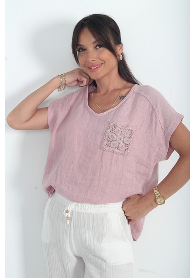 By Saygı Kadın İtalyan Cotton V Yaka Örgü Dantel Tek Cepli Oversize Keten Bluz Pudra