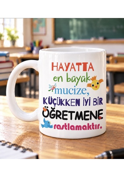 Öğretmene Hediye Kupa- Hayatta En Büyük Mucize Öğretmenler Günü Özel Tasarım Beyaz