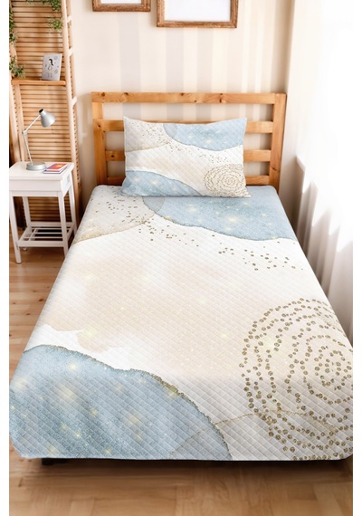 Mavi Geometrik Modern Genç Odası Tek Kişilik Pike Takımı-beyaz Gold 160x220 Cm Kapitone Yatak Örtüsü Narin Gölge Buharı
