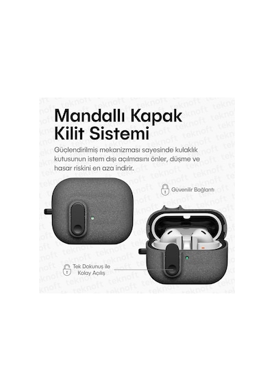 Samsung Galaxy Buds 3 Pro, Buds 3 Ve Buds 3 Fe İle Uyumlu Mandallı Kapak Kilit Sistemli Kumlanmış Mat Dokulu Darbelere Dayanıklı Hibrit Kılıf Gri, Galaxy Buds 3 Pro/3/3 Fe