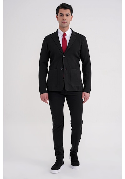 Comfort Fit Ceket Yaka Torba Cep Düğmeli Siyah Yünlü Triko Ceket 04 Siyah