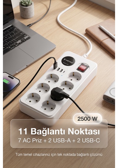 Akım Korumalı Priz 7'li + 2x Usb-a + 2x Usb-c 2 Metre Kablo 0 - 2 M