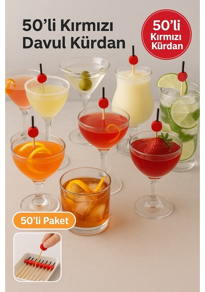 50 Li Kırmızı Yuvarlak Davul Kürdan 12 Cm Parti, Sunum, Kanape, Kokteyl Ve Peynir Tabağı İçin Dekoratif Kürdan