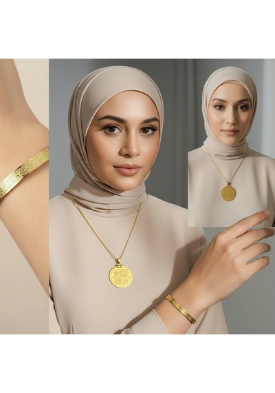 Çoklu Dua Kolye Ve Ayetel Kürsi Bileklik Seti Gold Çelik Şık Takı Seti Altın