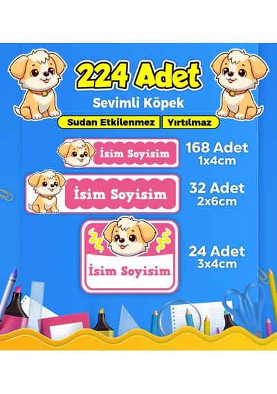 Sevimli Köpek Temalı Okul Kreş Kişiye Özel İsim Etiket Seti - Model 415 Çok Renkli