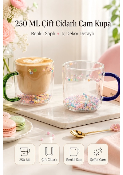 250 Ml Çift Cidarlı Cam Kupa Renkli Saplı İç Dekor Şeffaf Kahve Çay Latte Sunum Bardağı 1 Adet