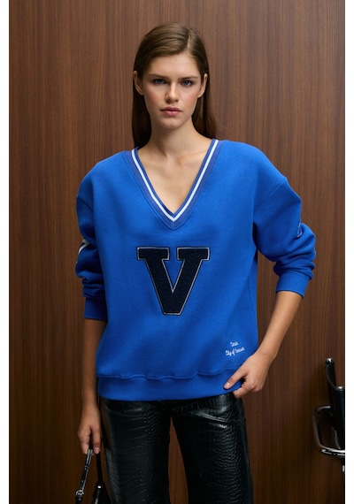 Grımelange Dıvıne Kadın V Yakalı Nakış Ve Patch Detaylı Mavi Sweatshirt Mavi
