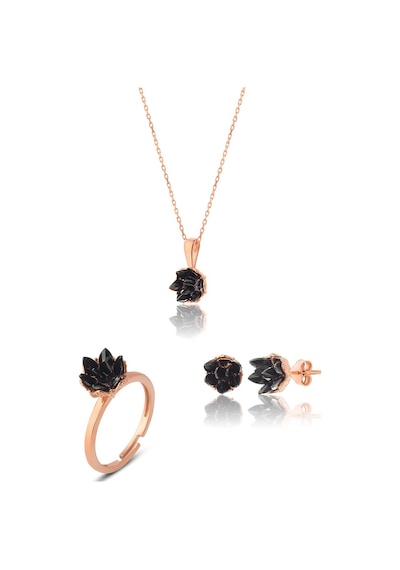 Zanaatsilver 925 Ayar Gümüş Siyah Taşlı Rose Kaplama Lotus Çiçeği Takım & Seti