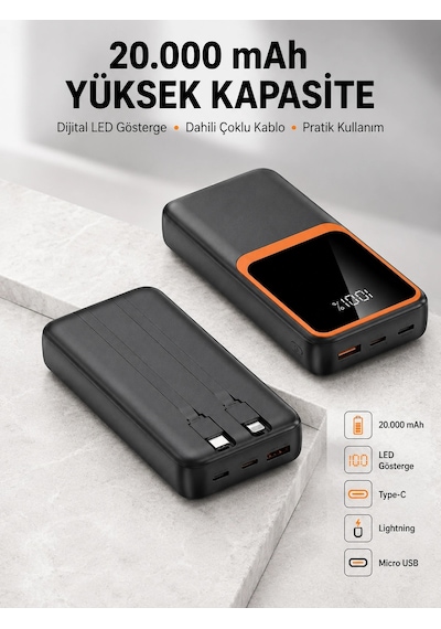Dijital Ekranlı 20.000 Mah Powerbank 22.5w Hızlı Şarj + Çoklu Bağlantı Seçeneği Yeni Nesil Siyah