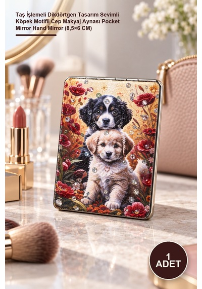 1 Adet İnce El Aynası Taş İşlemeli Dikdörtgen Tasarım Sevimli Köpek Motifli Cep Makyaj Aynası Pocket Mirror Hand Mirror 8,5 6 Cm Sarı
